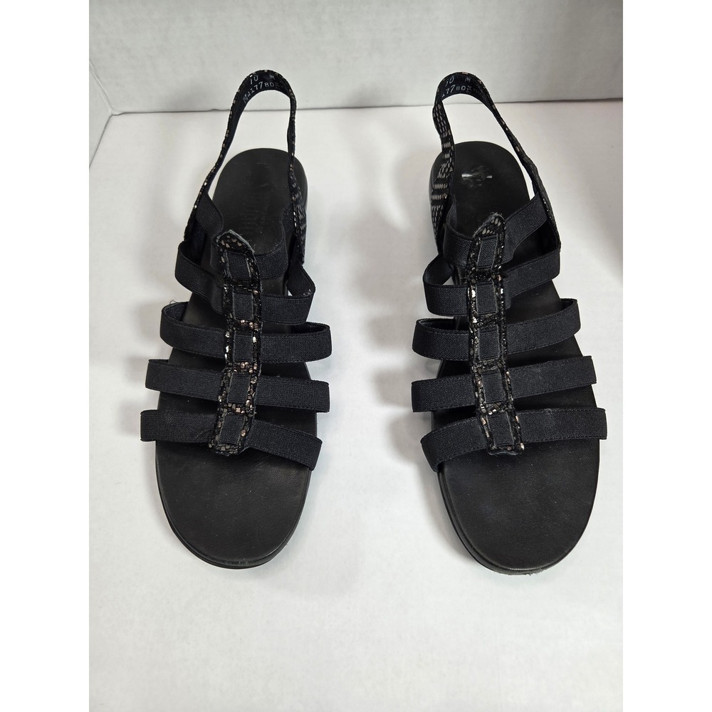 Munro American Womens 10 M Black Elastic Strappy Metallic Wedge Sandals